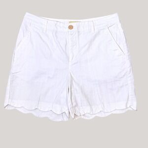 Coastal Resort Scalloped Hem White Textured Stretch Cotton Shorts (6) Classic